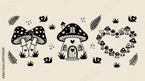 Whimsical mushroom house and forest elements vector illustration