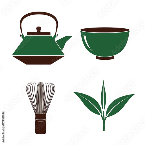 Japanese Tea Ceremony Utensils and Green Tea Leaves.