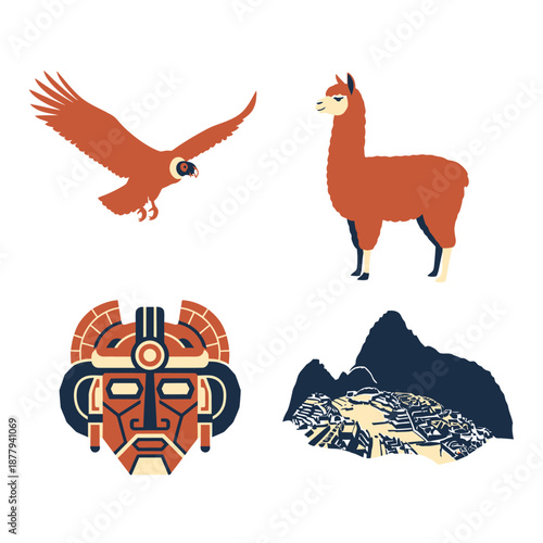 Peruvian Condor Llama Inca Mask Machu Picchu Symbols.