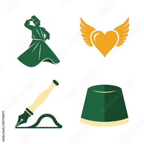 Sufi whirling dervish heart pen and hat icons.