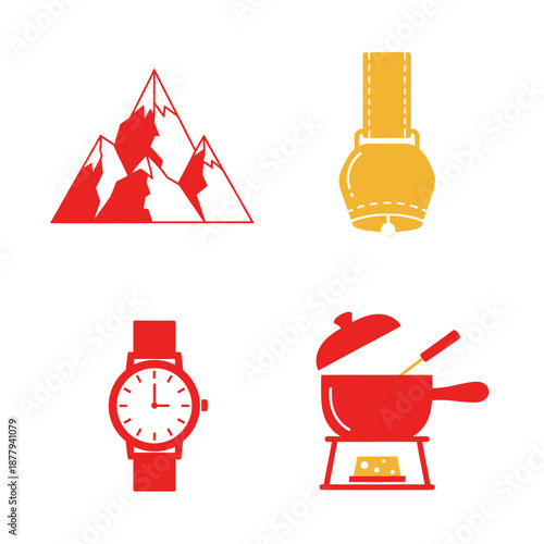 Swiss Icons Representing Mountains Cowbell Watch and Fondue.