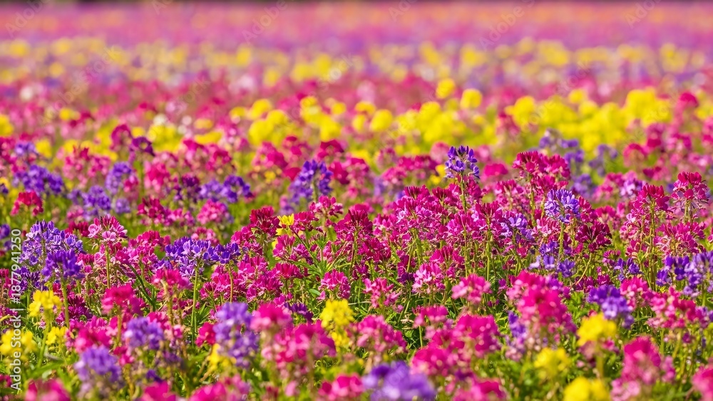 Fototapeta premium Vibrant colorful flower field with pink purple and yellow blooms on a sunny day for mother's day with colorful flowers and Mother s Day and spring flowers