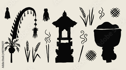 Balinese cultural ceremonial religious symbols silhouette vector illustration