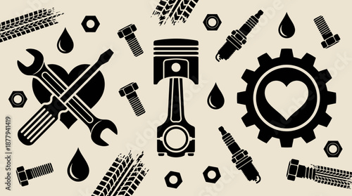 Car repair tools and engine parts icons vector illustration