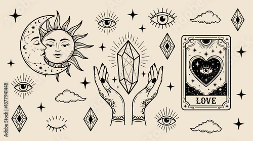 Celestial mystical symbols collection with sun and moon vector illustration