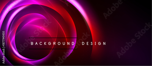 Abstract neon swirls, vibrant pinks, reds dominate dark background. Text reads background design. Modern, dynamic visual.