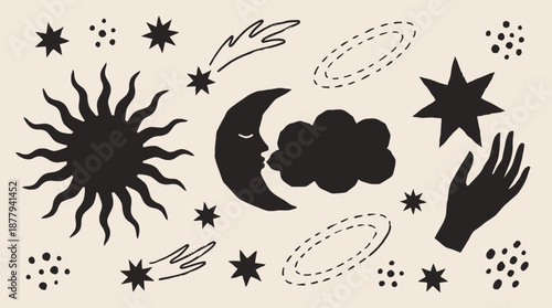 Celestial sun moon and stars mystical vector illustration