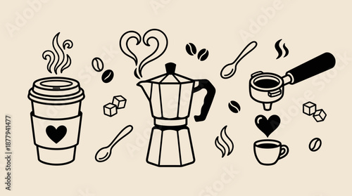 Coffee brewing equipment and cafe icons vector illustration