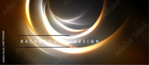 Abstract golden lines create dynamic circular shapes. Dark background emphasizes bright, flowing energy. Modern design element.