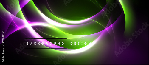 Abstract glowing waves, vibrant green, purple hues. Dynamic composition, modern design element. Dark background enhances luminosity.