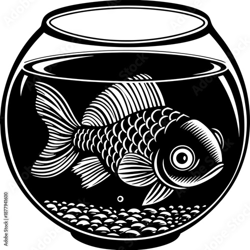 A black and white line art illustration of a goldfish inside a glass fishbowl. The goldfish, positioned in the center of the bowl, is rendered in detailed cross-hatching, displaying scales, fins, and 