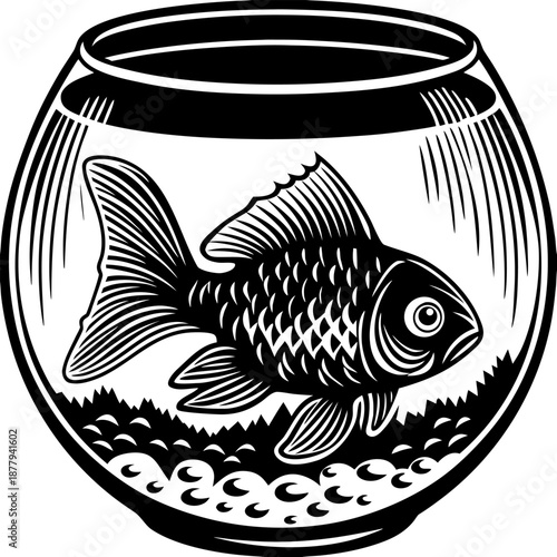 A black and white line art illustration of a goldfish inside a glass fishbowl. The goldfish, positioned in the center of the bowl, is rendered in detailed cross-hatching, displaying scales, fins, and 