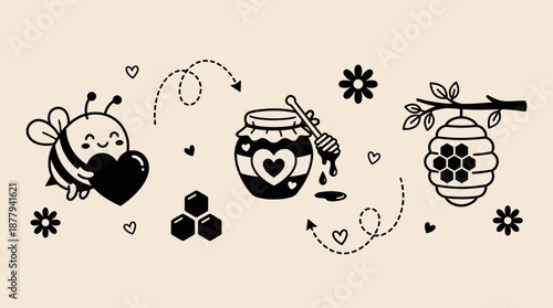 Cute honey bee and jar icons with hearts vector illustration