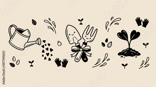 Cute gardening tools and sprout kawaii vector illustration