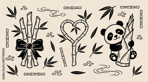 Cute panda and bamboo elements with heart shape vector illustration