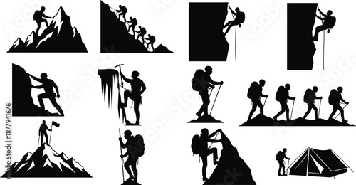 Mountaineering and outdoor adventure icon set, climber silhouette, hiking pose, mountain peak, teamwork, tent, trekking pole, vector illustration, black pictogram