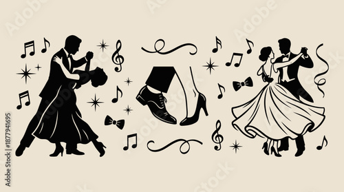 Elegant ballroom dance couples silhouettes with musical notes vector