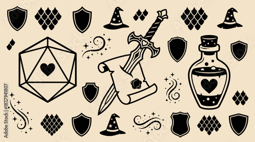 Fantasy roleplaying game icons and equipment vector illustration