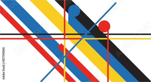 Abstract geometric design with intersecting diagonal lines and circles in primary colors