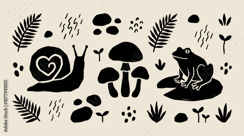 Frog snail and mushroom silhouettes nature collection vector illustration