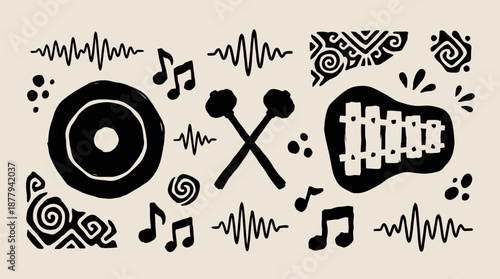 Hand drawn ethnic musical instruments and sound symbols vector illustration