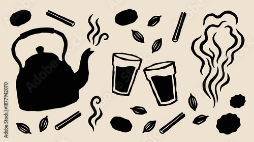 Hand drawn masala chai kettle and glasses vector illustration