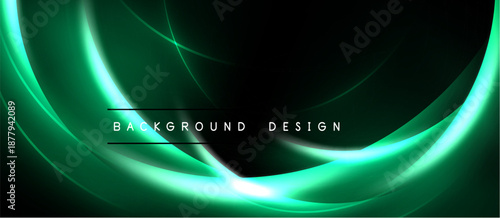 Dark backdrop features vibrant green curves, creating luminous abstract design. Bright glow emanates from center, enhancing visual impact.