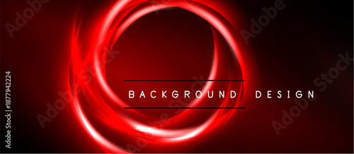 Abstract red neon circles over black background. Modern design element, dynamic lighting effect, stylish presentation.
