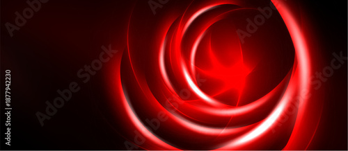 Red swirls radiate from center. Dark background creates dramatic effect. Brightness contrasts with shadows, forming abstract design.