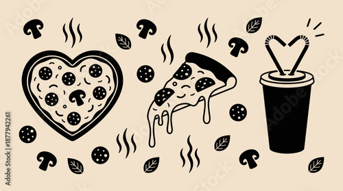Heart shaped pizza and soda cup vector illustration