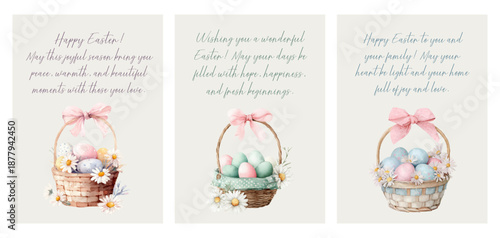 Watercolor Easter card set with spring eggs in basket, floral and greeting designs. Cute holiday postcards with vintage flowers, perfect for festive invitations and celebration art. 