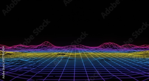 Fluorescent grid landscape stretches into a dark background with glowing contours