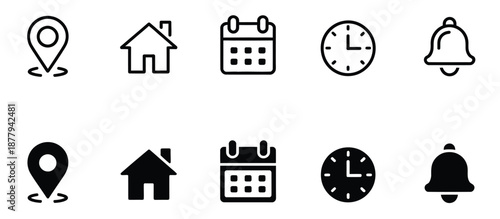 Date, time, location address, notification icon, including address location icon, notification bell icon, stopwatch timer icon, date calendar icon, web icons set, clean vector illustration 