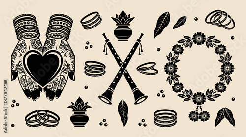 Indian wedding ceremony ritual icons and mehendi hands vector illustration