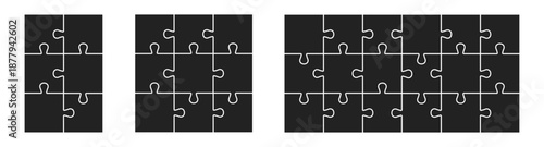 Set of clean, horizontal jigsaw puzzle template featuring a grid of 6, 9 and 24 interlocking pieces