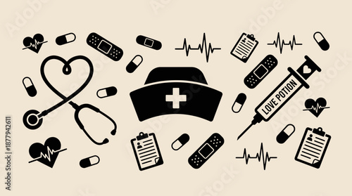 Medical and nursing icon set with stethoscope vector illustration