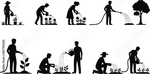 Gardening silhouette icon set, watering plants, garden care, horticulture activity, nature work, vector illustration, black pictogram, outdoor planting scene