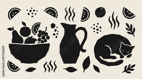 Minimalist sleeping cat and fruit bowl kitchen vector illustration