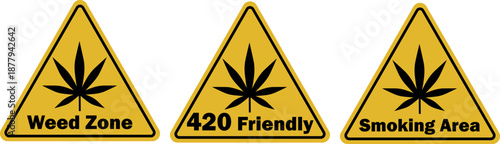 Triangular marijuana icons with the words "420" and "smoking area." Designed with black leaves on a yellow background for marijuana culture, dispensary branding, events, labels, and digital use.
