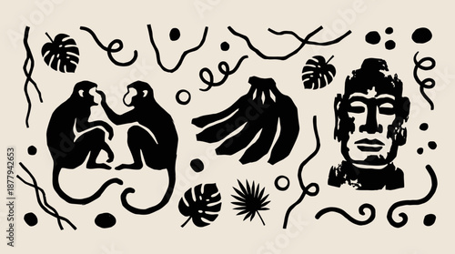 Monkeys and tropical jungle elements silhouette collection vector illustration