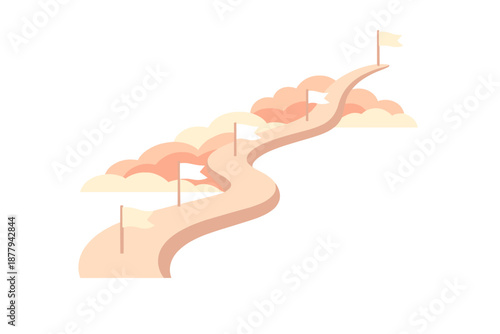 Road to success with flags and clouds in a stylized flat design