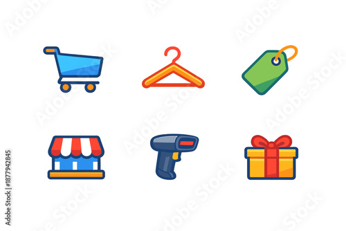 Shopping icons with neon glow effect on a dark background