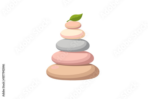 Stack of colorful stones with a green leaf on top