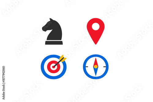 Strategic Icons: Chess, Location, Target, and Compass