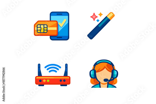 Digital service icons: SIM card, magic wand, router, customer service