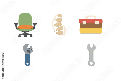 Office chair, spine, toolbox, and wrenches icons on abstract
