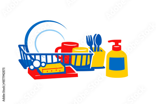 Dish rack with dishes and soap dispenser, neon effect