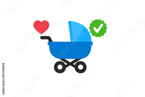 Blue baby stroller with red heart and green checkmark icons