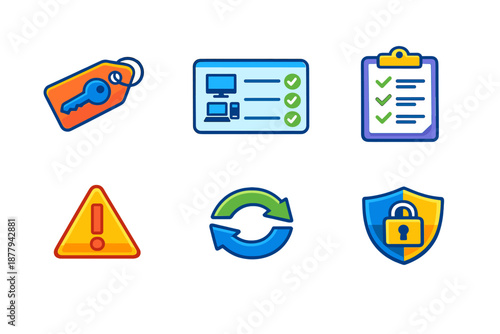 Security and IT icons, representing key, checklist, warning, refresh