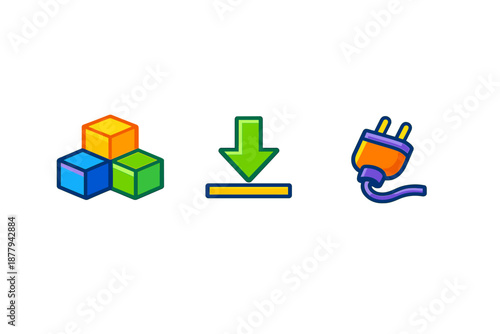 Digital icons: blocks, download, and plug